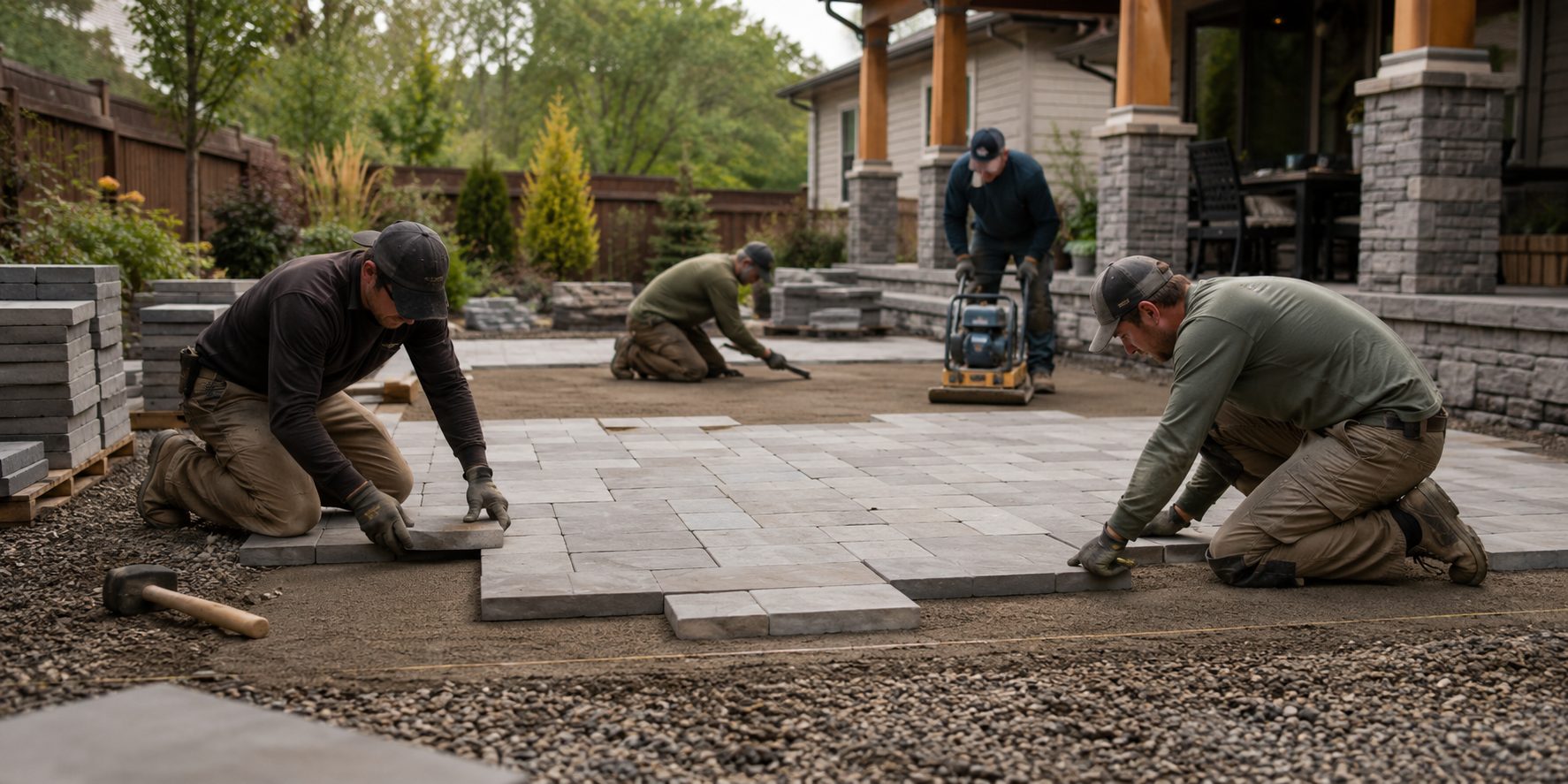 Landscaping crew installing a paver patio in Greater New Orleans