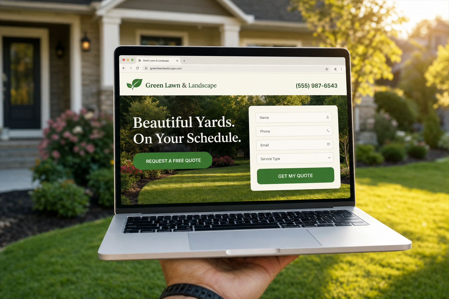 A clean landscaping website with an estimate form on a laptop