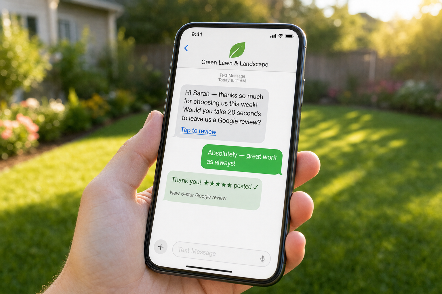 Text message thread requesting a Google review, followed by a 5-star confirmation