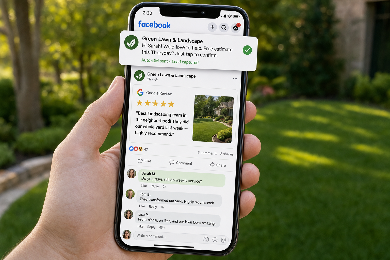 Reviews auto-posted to Facebook and comment-to-DM automation converting engagement to booked leads