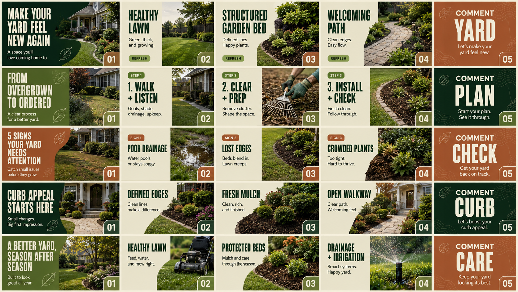 Instagram grid showing 30 days of pre-designed landscaping content
