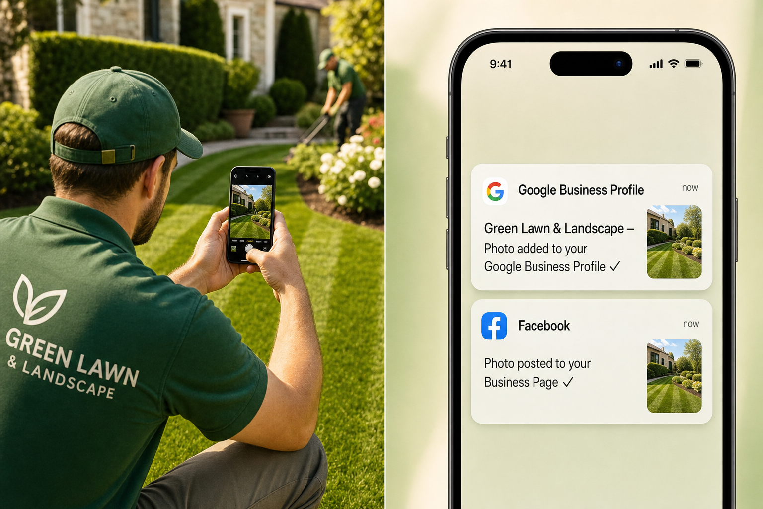 A crew member snapping a job photo, then it auto-posting to Google Business Profile and Facebook