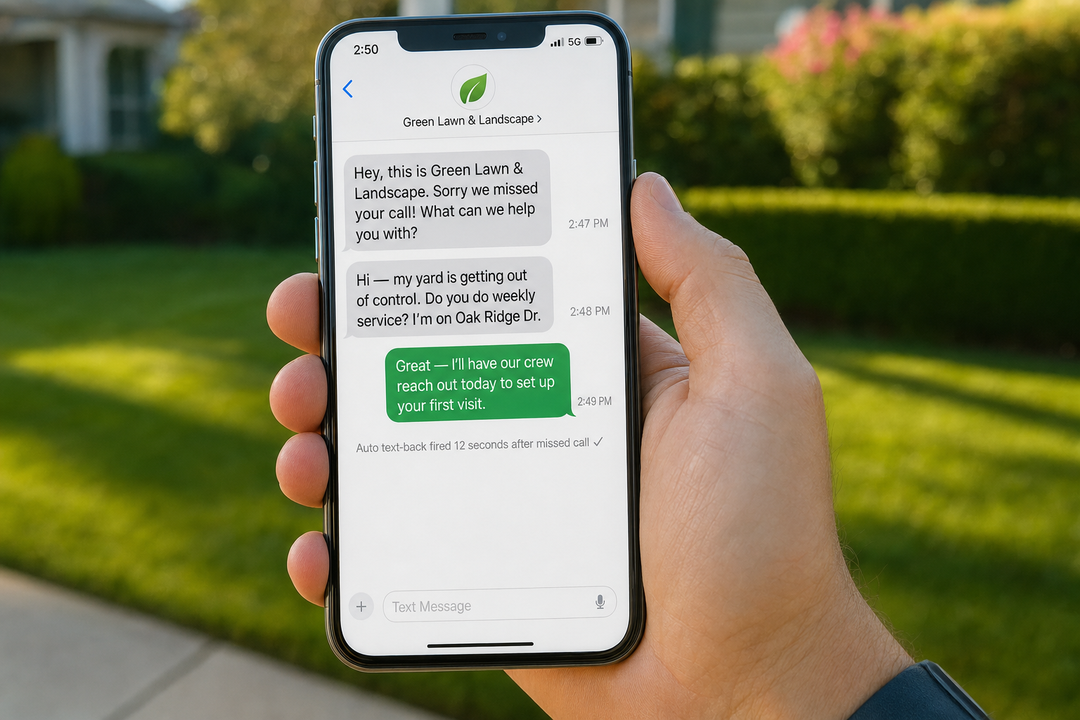 iPhone showing a missed call notification and an auto-sent text-back message