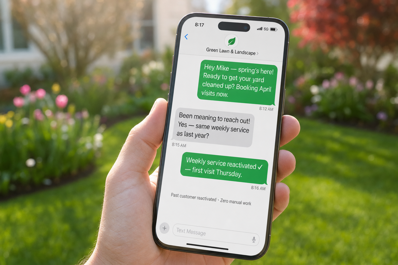 iPhone showing a reactivation SMS thread with a past customer